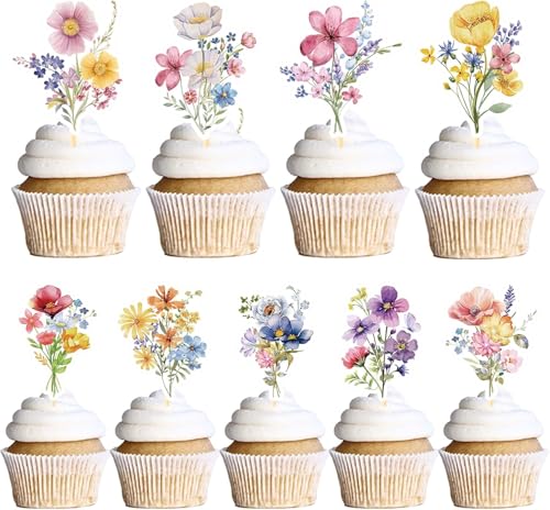 Blumen Deko Torte Blumen Tortendeko 18 Stück Cupcake Deko Muffin Deko Cupcake Topper Tortendeko Geburtstag Mädchen für Wildblumenfeste, Blumenfeste, Gartenfeste, Frauenfeste von YUNHENTONG