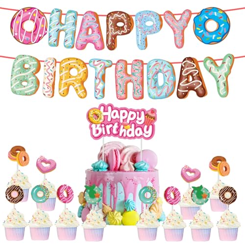 Donut Cupcake Toppers,14 PCS Krapfen Cupcake Topper und Banner, Muffin Torte Deko Donut,Donut Kuchen Toppers,Donut Geburtstag Tortendeko,Krapfen Geburtstag Party Deko für Baby Shower Mädchen von YUNHENTONG