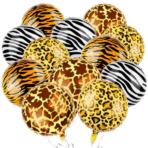 Dschungel Luftballon, 12 CPS Gepard Tiger Zebra Print Runder Aluminiumballon, Luftballon Leopardenmuster, Tierdruck Folien Ballons, Safari Luftballons, für Urwald Geburtstag Party Dekoration von YUNHENTONG