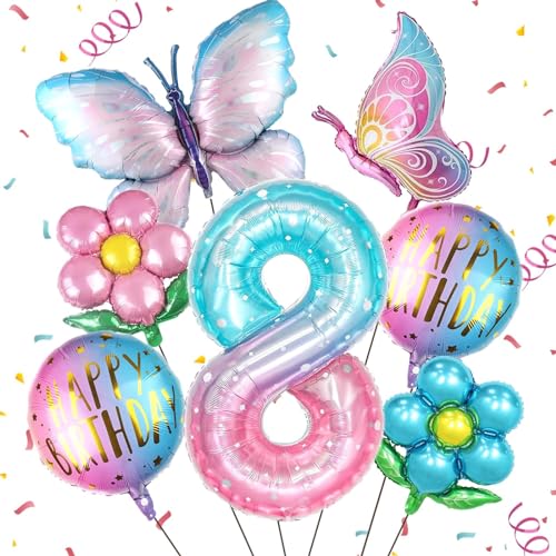 Folienballon Geburtstag Mädchen, 7 Stück Feen Geburtstag Deko Folienballon, Schmetterling Ballon, Luftballons Blumen, für Mädchen Geburtstage, Fotografie, Baby Shower, Party Bedarf (8 Jahre) von YUNHENTONG