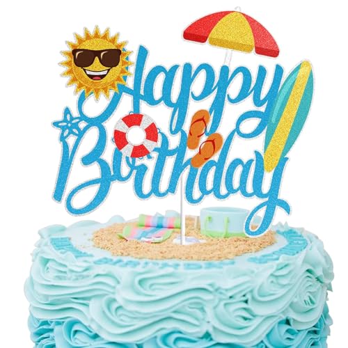 Kuchen Topper Geburtstag, Strand Happy Birthday Tortenaufsatz, Glitter Sommer Pool Schwimmen Surf Kuchen Topper, Pool Strand Cake Topper, für Sommer Urlaub Strand Pool Party Dekoration Zubehör (A) von YUNHENTONG