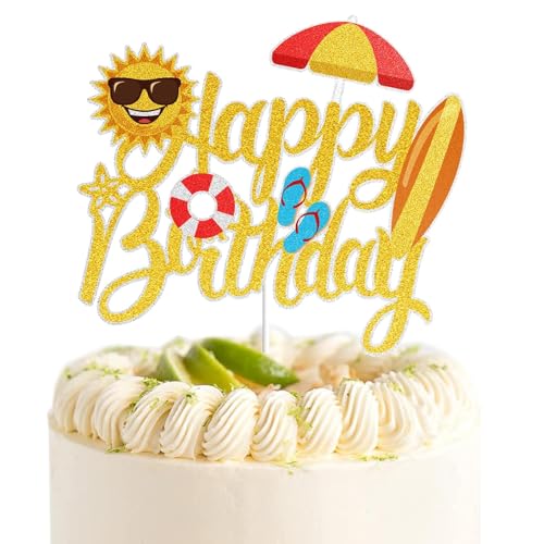 Kuchen Topper Geburtstag, Strand Happy Birthday Tortenaufsatz, Glitter Sommer Pool Schwimmen Surf Kuchen Topper, Pool Strand Cake Topper, für Sommer Urlaub Strand Pool Party Dekoration Zubehör (B) von YUNHENTONG