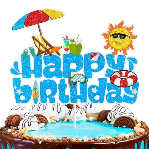 Kuchen Topper Geburtstag, Strand Happy Birthday Tortenaufsatz, Glitter Sommer Pool Schwimmen Surf Kuchen Topper, Pool Strand Cake Topper, für Sommer Urlaub Strand Pool Party Dekoration Zubehör (C) von YUNHENTONG