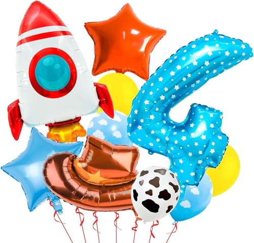 11 Stück Geburtstagsdeko 4 Jahre Junge Deko 4. Geburtstag Jungen Folienballon 4 Blau Cowboy Rakete Folienballon Stern Deko Kindergeburtstag Junge Luftballon Milchkuh Wolke Ballon von YUNHENTONG