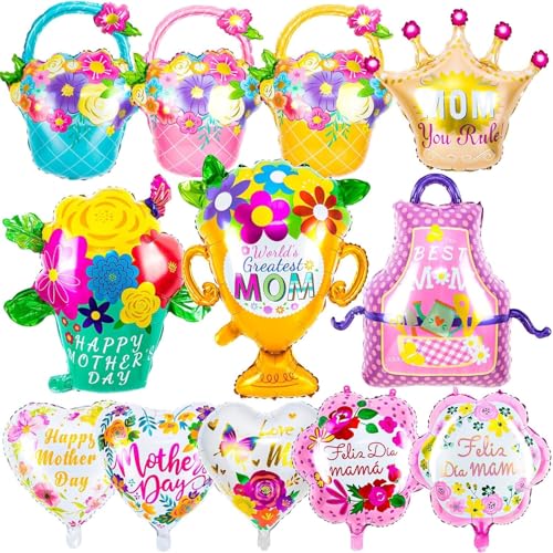 Muttertag Luftballon 12 Stück Muttertagsdeko Folienballon Happy Mothers Day Krone, Blumenkorb Luftballons Helium Herzballons für Mama Muttertag Party Dekoration von YUNHENTONG