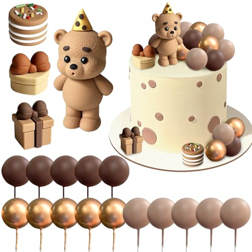 Tortendeko Bär, 19 PCS Tortendeko Teddybär, Torten Topper Brauner Bär, Braune Kugeln Kuchentopper, Boho Bären Kuchendekoratio, für Jubiläumsfeiern, Geschlecht Enthüllen Kuchen Dekoration (Dunkel) von YUNHENTONG