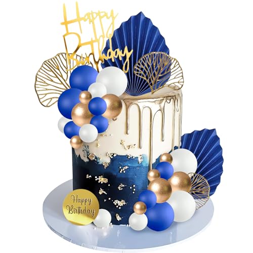 Tortendeko Geburtstag 30 Stück Tortendeko Kugeln Gold Weiße Blau Cake Topper Geburtstagstorte Deko Happy Birthday Kuchendeko für Hochzeit, Gartenparty, Familientreffen (Blau) von YUNHENTONG