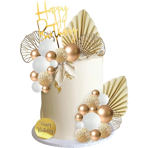 Tortendeko Geburtstag 29 Stück Tortendeko Kugeln Gold Weiße Cake Topper Geburtstagstorte Deko Happy Birthday Kuchendeko für Hochzeit, Gartenparty, Familientreffen (Gold) von YUNHENTONG