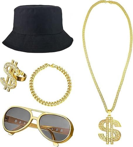 YUNHENTONG Dollar Kette Hiphop Kostüm Set,5 Stück Hop Rapper Kostüm Zubehör,Herren Zuhälter Kostüm,80er 90er Jahre Herren Hip Hop Zubehör Halskette Pimp für Fasching Karneval YUNHENTONG Dollar Kette Hiphop Kostüm Set,5 Stück Hop Rapper Kostüm Zubehör,Herren Zuhälter Kostüm,80er 90er Jahre Herren Hip Hop Zubehör Halskette Pimp für Fasching Karneval von YUNHENTONG