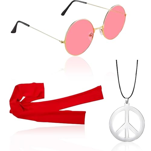 YUNHENTONG Hippie Kostüm Set,3 Stück Hippie Kostüm Set,Sonnenbrille,Peace Halskette Anhänger,Stirnband,Hippie Kostüm Damen Herren,Faschingkostüme 70er 80er Jahre Mottoparty Karneval Halloween von YUNHENTONG