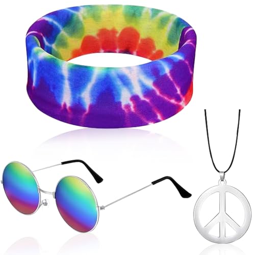 YUNHENTONG Hippie Kostüm Set,3 Stück Hippie Kostüm Set,Sonnenbrille,Peace Halskette Anhänger,Stirnband,Hippie Kostüm Damen Herren,Faschingkostüme 70er 80er Jahre Mottoparty Karneval Halloween von YUNHENTONG