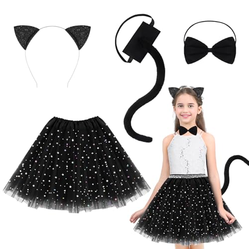 YUNHENTONG Katzenkostüm Kinder, 4 PCS Katzenkostüm Damen, Schwarze Katze Kostüm Kinder, Halloween Kostüm Katze Mädchen mit Katzenohren, Fliege, Katzenschwanz, Tutu für Kostümpartys, Halloween Kostüme YUNHENTONG Katzenkostüm Kinder, 4 PCS Katzenkostüm Damen, Schwarze Katze Kostüm Kinder, Halloween Kostüm Katze Mädchen mit Katzenohren, Fliege, Katzenschwanz, Tutu für Kostümpartys, Halloween Kostüme von YUNHENTONG