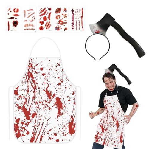 YUNHENTONG Metzger Kostüm Halloween, Blutige Schürze Halloween Temporäre Tattoos Halloween Haarreifen Schlächter Kostüm Zubehör für Horror Rollenspiel, Halloween Männerkostüm Party Requisiten (B) YUNHENTONG Metzger Kostüm Halloween, Blutige Schürze Halloween Temporäre Tattoos Halloween Haarreifen Schlächter Kostüm Zubehör für Horror Rollenspiel, Halloween Männerkostüm Party Requisiten (B) von YUNHENTONG