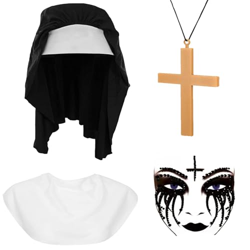 YUNHENTONG Nonnen Kostüm Zubehör 4 Stück, Halloween Nonnenkostüm Damen Accessoires Nonnen Kopfschmuck, Kragen, Kreuzanhänger, Kniestrümpfe, für Halloween Damen Nonnen Rollenspiel von YUNHENTONG