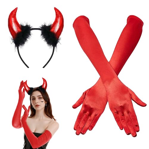 YUNHENTONG Roter Teufel Halloween Kostüm Zubehör, Teufelshörner Rot Haarreifen, Rot Satinhandschuhe, Teufel Kostüm Zubehör für Mädchen Damen Halloween Cosplay Accessoires YUNHENTONG Roter Teufel Halloween Kostüm Zubehör, Teufelshörner Rot Haarreifen, Rot Satinhandschuhe, Teufel Kostüm Zubehör für Mädchen Damen Halloween Cosplay Accessoires von YUNHENTONG