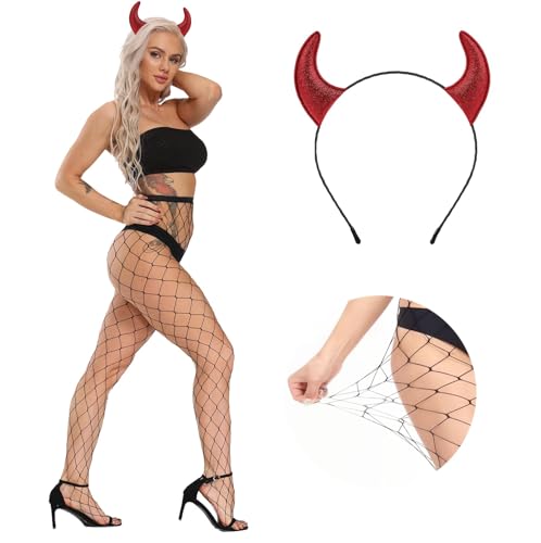 YUNHENTONG Teufelshörner Rot Netzstrümpfe Schwarz Teufel Hörner Haarreif Netzstrumpfhose Damen Teufel Kostüm 2 Stück Halloween Kostüm Zubehör YUNHENTONG Teufelshörner Rot Netzstrümpfe Schwarz Teufel Hörner Haarreif Netzstrumpfhose Damen Teufel Kostüm 2 Stück Halloween Kostüm Zubehör von YUNHENTONG