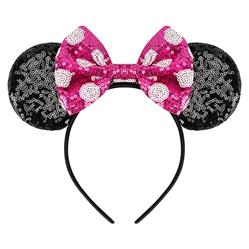 YUNISS Maus Ohren Haarreif, Glitzer Haarreifen in Schwarz mit Pailletten Rot Schleife mit weißen Punkten, Kostüm Prinzessin Party Zubehör für Mädchen und Damen (Rosa) von YUNISS