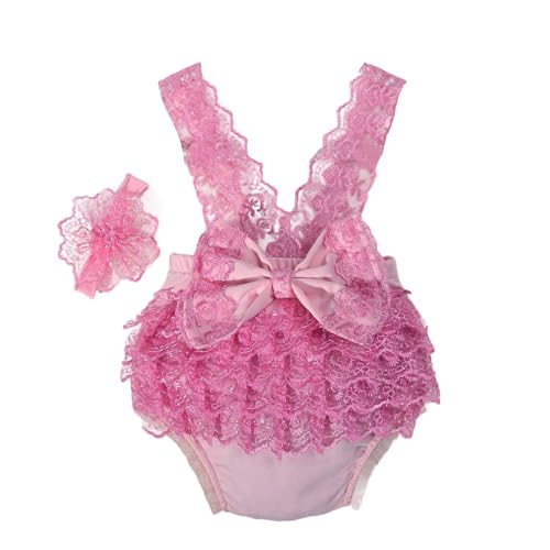 YUNNIAN Säugling Photoshoots Spitzenkleid Stirnband Passende Set Atmungsable Polyester Neugeborene Fotografie Kostüm Girl Foto Outfit Spitzenbogendesign von YUNNIAN