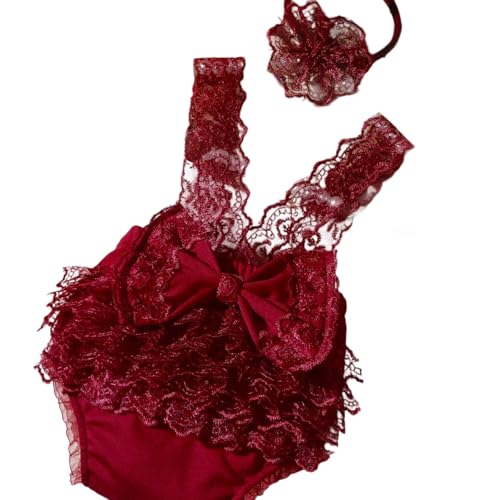 YUNNIAN Säugling Photoshoots Spitzenkleid Stirnband Passende Set Atmungsable Polyester Neugeborene Fotografie Kostüm Girl Foto Outfit Spitzenbogendesign von YUNNIAN
