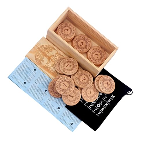 YUNNIAN Tragbare Runen Steinset Mit Handgeschnitzel Holzleitungswerkzeugen Ancient Norses Kulturartifakt Spirituelle Praxis Holzmeditationen Symbole von YUNNIAN