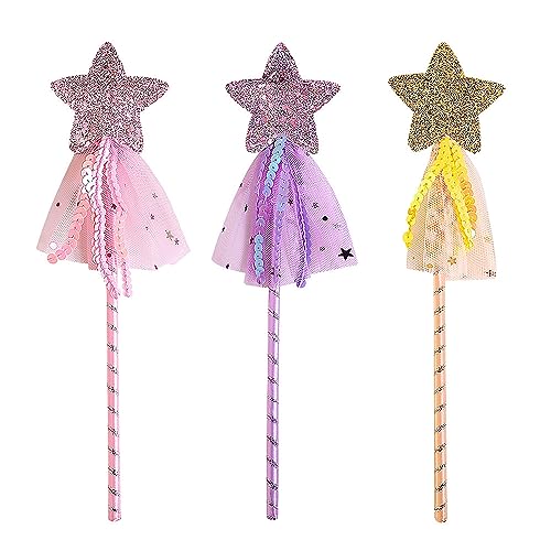 YUNYAN 3 Stück Prinzessin Zauberstab Feenstab Kinder Zauberstab Fee Sternstab Fee Glitzer Stern Zauberstab für Mädchen Kostüm Requisiten Cosplay Birthday Party Supply (Rosa，Lila und Gold) von YUNYAN