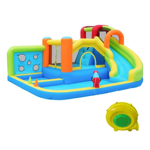 Hüpfburg mit Gebläse, Multifunktionale Wasserpark Hüpfburg Kinder Wasserrutsche, Trampolin, Wurfpunktwand,Basketballkorb,Kletterwand,Inklusive 450W-Gebläse Hüpfburg mit Gebläse, Multifunktionale Wasserpark Hüpfburg Kinder Wasserrutsche, Trampolin, Wurfpunktwand,Basketballkorb,Kletterwand,Inklusive 450W-Gebläse von YUNYODA