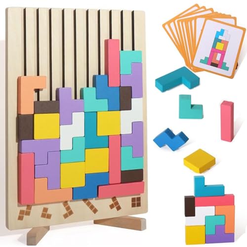 Wooden Stacking Puzzle, Russian Block Tangram, Jigsaw Geometric Blocks Wooden Box Brain Games for Children Early Educational, Educational Thinking Game (Wood Color) von YURNB