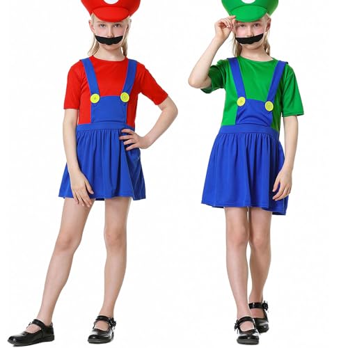 YUUGYD Super Brothers Cosplay Kostüme für Erwachsene Kinder, Halloween Carnival Cosplay Kostüm, Cosplay Kostüm mit Hut und Schnurrbart für Herren Damen Jungen Mädchen, Mädchen Rot, XL von YUUGYD