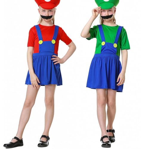 YUUGYD Super Brothers Cosplay Kostüme für Erwachsene Kinder, Halloween Carnival Cosplay Kostüm, Cosplay Kostüm mit Hut und Schnurrbart für Herren Damen Jungen Mädchen, Mädchen Grün, XL von YUUGYD