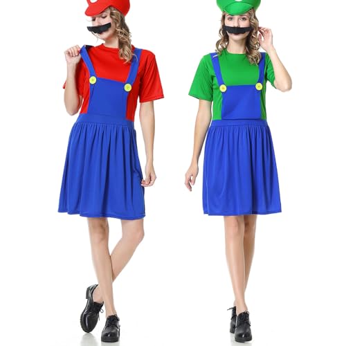 YUUGYD Super Brothers Cosplay Kostüme für Erwachsene Kinder, Halloween Carnival Cosplay Kostüm, Cosplay Kostüm mit Hut und Schnurrbart für Herren Damen Jungen Mädchen, Damen Grün, M von YUUGYD