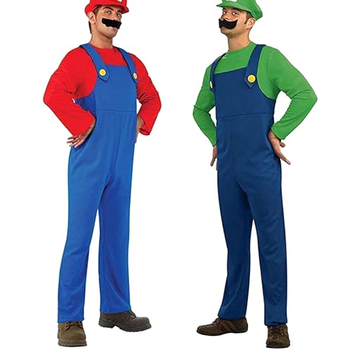 YUUGYD Super Brothers Cosplay Kostüme für Erwachsene Kinder, Halloween Carnival Cosplay Kostüm, Cosplay Kostüm mit Hut und Schnurrbart für Herren Damen Jungen Mädchen, Herren Rot, L von YUUGYD