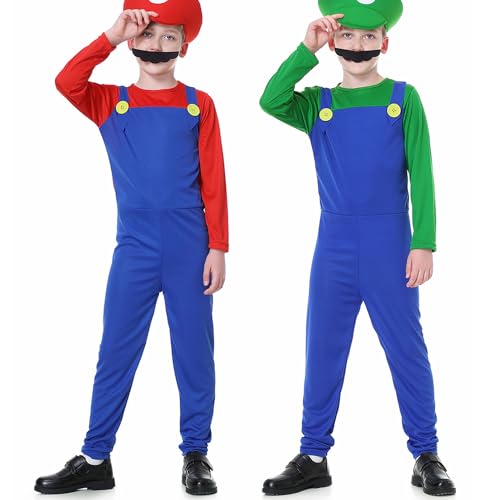 YUUGYD Super Brothers Cosplay Kostüme für Erwachsene Kinder, Halloween Carnival Cosplay Kostüm, Cosplay Kostüm mit Hut und Schnurrbart für Herren Damen Jungen Mädchen, Jungen Grün, L von YUUGYD