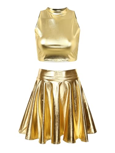 YUUMIN Damen Alien Kostüm Glänzed Metallic Wetlook Crop Top + Minirock + Haarband 3tlg Set Fasching Karneval Fastnacht Verkleidung Gold F M von YUUMIN