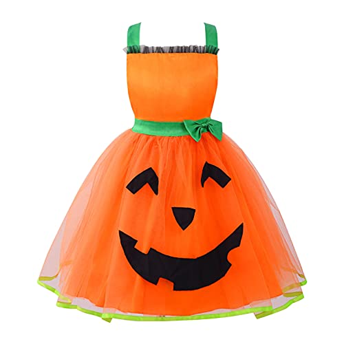 YUUMIN Halloween Mädchen Netzgarn Partykleid Kürbis Drucken bauschiges Kleid Halloween Kostüm für Kinder 2-10 Jahre Orange 140 von YUUMIN
