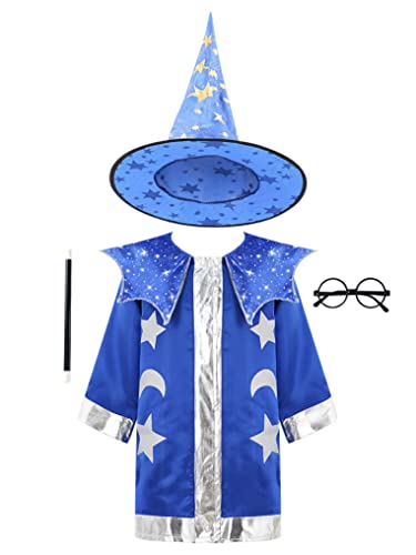 YUUMIN Zauberer Kostüm Kinder Wizard Cape Witch Umhang Hut Brille mit Zauberstab Zylinder Kostüm Mädchen Junge Zaubertricks Zubehör Set für Fasching Karneval Halloween Blau 92-98 von YUUMIN