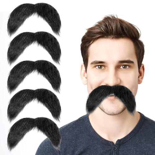 YUXIANLB 5 Stück künstlicher Schnurrbart Realistisches Schwarzes Echthaar Künstlicher Bart Selbstklebender Falscher Spitzbart Halloween Kostüm Bart Künstlicher Gesichtsbart für Drama Party Make up von YUXIANLB