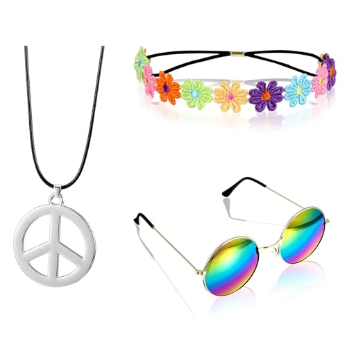 YUXIANLB Hippie Kostüm Zubehör Set Peace Zeichen Halskette Sonnenbrille Blumenkrone Stirnband Ankleidezubehör für Halloween Outfit Partygeschenke Dekorationen Damen und Herren von YUXIANLB