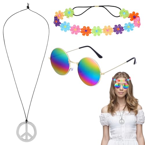 YUXIANLB Hippie Kostümzubehör Gänseblümchen Stirnband coole Outfits Peace Zeichen Halskette Blumenkronen Stirnband farbige Hippie Sonnenbrille Halloween Outfit Partygeschenke Dekorationen von YUXIANLB
