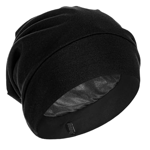 YUXIANLB Seidensatin Haube Haarwickel zum Schlafen mit Satinfutter Verstellbare Satin Beanie für lockiges Haar Schlafmütze in Schwarz Schutz Nachtmütze Haarbruch für feuchtigkeitsspendende Pflege von YUXIANLB