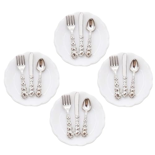 YUXITA 4Set Miniatur Puppenhäuser Geschirr Set für 1/12 Puppenhäuser mit Tellern und Besteck Set Puppenhäuser Dekoration von YUXITA