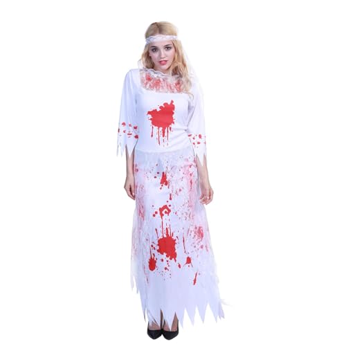 YUYTE Frauen Zombie Braut Kostüm, 2 PCs Bloody Dress Spitzenstirnband für Halloween Party Cosplay -Bühnenaufführung (M) von YUYTE