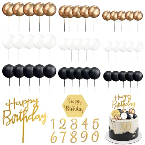 Cake Topper Geburtstag, 48 Stück Tortendeko Geburtstag, Kuchendeko Kugeln Schwarz Weiß Gold, Zahlen 0-9 Torten Topper Happy Birthday Deko Torte für Mottopartys, Hochzeiten, Jubiläen von YUYWWAN