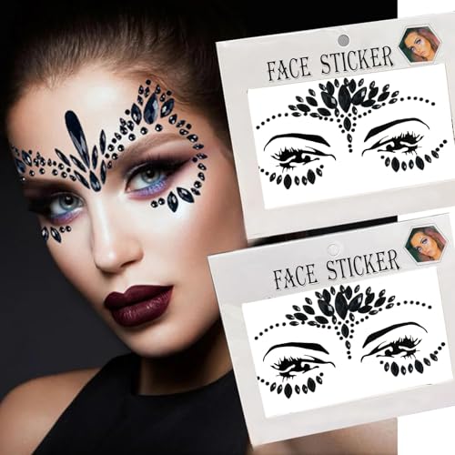 Festival Sticker Gesicht, Halloween Strasssteine Selbstklebend Gesicht, Exquisite Gesichtstattoo Glitzer, Strasssteine Selbstklebend Gesicht für Halloween Karneval Cosplay Festival Party (Schwarz) von YUYWWAN