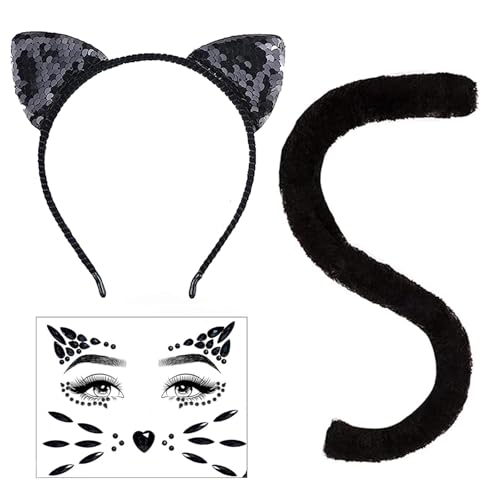 Katzenkostüm Zubehör Set, Schwarz Katzenohren Haarreif & Glitzersteine Gesicht & Katzenschwanz, Katze Kostüm Cosplay Set für Kinder Erwachsene Halloween Karneval Katzen Rollenspiel Accessoires von YUYWWAN