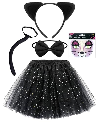 Kinder Katzenkostüm Zubehör Set, Schwarz Tüllrock Katzenohren-Haarreif Halskette Katzenschwanz Gesichtsaufkleber, Katze Kostüm Mädchen für Kinder Halloween Karneval Katzen Rollenspiel Accessoires Kinder Katzenkostüm Zubehör Set, Schwarz Tüllrock Katzenohren-Haarreif Halskette Katzenschwanz Gesichtsaufkleber, Katze Kostüm Mädchen für Kinder Halloween Karneval Katzen Rollenspiel Accessoires von YUYWWAN