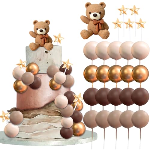 Tortendeko Bär, Cake Topper Geburtstag, 26 Stück Kuchendeko Torten Topper Brauner Bär, Kugeln Deko Torte Niedlich Kuchen Topper Bär für Kinderpartys, Jubiläumsfeiern, Mottopartys (Dunkelbrauner) von YUYWWAN