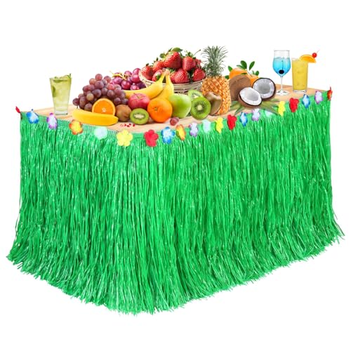 YUYWWAN Hawaii Party Tischröcke, Blume Gras Tischrock 270 x 75cm Party Dekoration, Sommertischrock Partytischrock für Sommer Beach Garden Poolparty Luau Party Outdoor Strandparty (Grün) von YUYWWAN