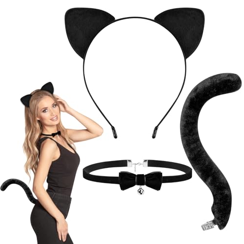 YUYWWAN Katzenkostüm Zubehör Set, Katzenohren Haarreif Glockenhalskette Katzenschwanz, Schwarz Katze Kostüm Cosplay Set für Kinder Erwachsene Halloween Karneval Katzen Rollenspiel Accessoires von YUYWWAN