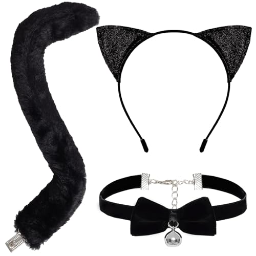 YUYWWAN Katzenkostüm Zubehör Set, Katzenohren Haarreif Katzenschwanz Glockenhalskette, Schwarz Katze Kostüm Cosplay Set für Kinder Erwachsene Karneval Rollenspiel Accessoires YUYWWAN Katzenkostüm Zubehör Set, Katzenohren Haarreif Katzenschwanz Glockenhalskette, Schwarz Katze Kostüm Cosplay Set für Kinder Erwachsene Karneval Rollenspiel Accessoires von YUYWWAN