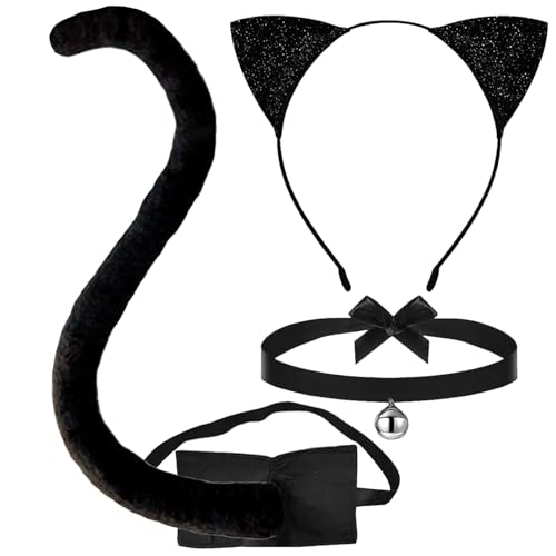 YUYWWAN Katzenkostüm Zubehör Set, Katzenohren Haarreif Katzenschwanz Glockenhalskette, Schwarz Katze Kostüm Cosplay Set für Kinder Erwachsene Karneval Rollenspiel Accessoires von YUYWWAN